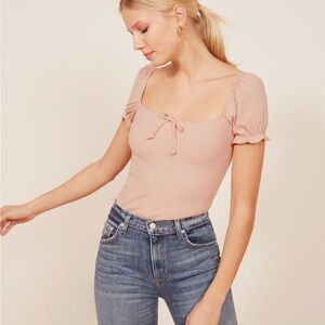 Reformation Lydia Puff Sleeve Square Neck Stretch Knit Ribbed Top - Pink M